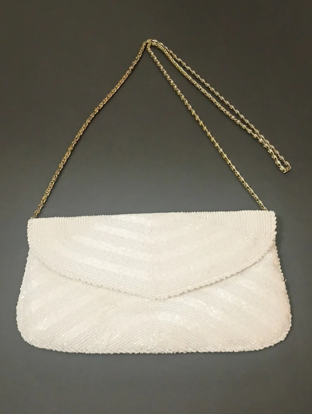 Vintage White Beaded  Clutch with Gold Chain Strap